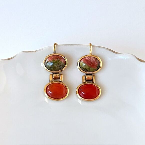 Vintage Roman Unakite Gemstone Earrings - Picture 1 of 4